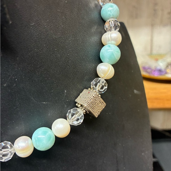 Elegant Pearl and Crystal  and larimar Necklace.  Sterling - Picture 3 of 3